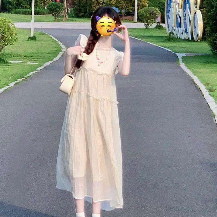 法式茶歇chic小个子甜美飞飞袖连衣裙女夏季宽松休闲木耳边中长裙