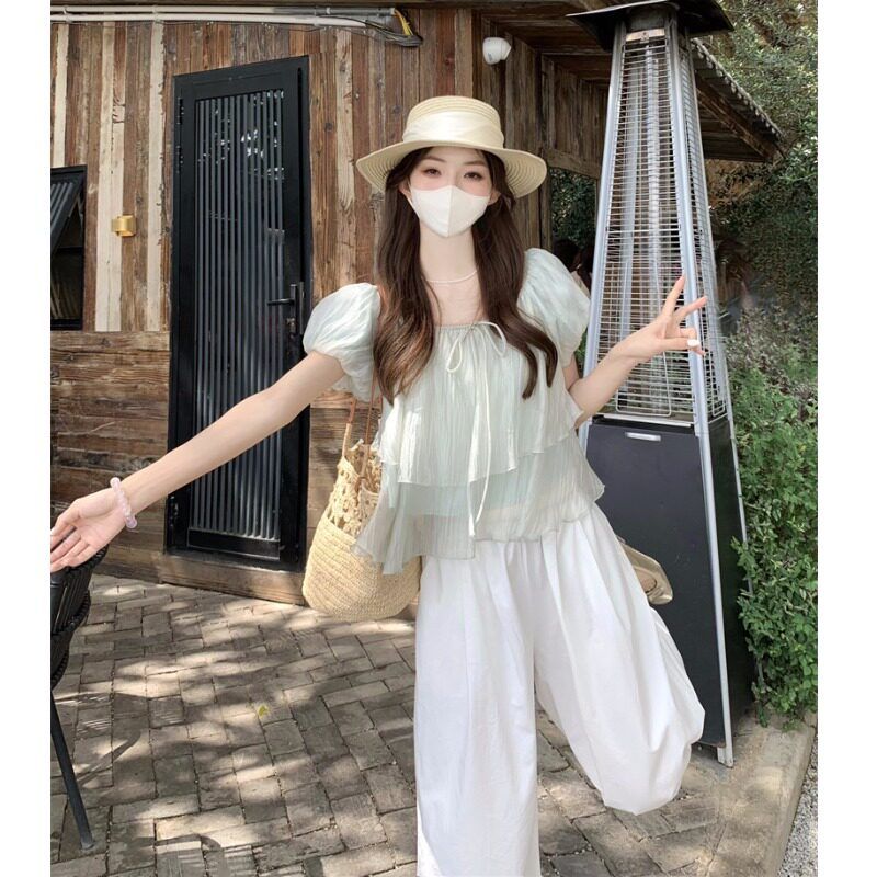原版天丝面料双层荷叶边泡泡袖衬衫女夏季系带宽松显瘦减龄上衣