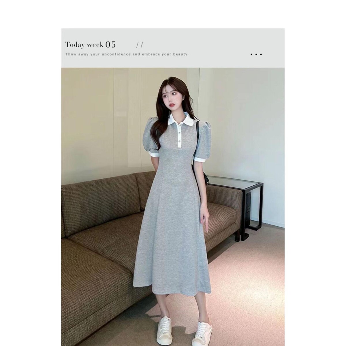 学院风polo领短袖连衣裙女夏季中长款收腰显瘦休闲a字裙小众设计