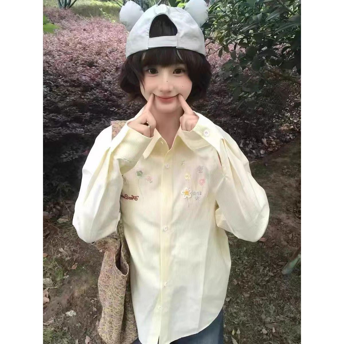 韩系黄色衬衫女春秋季外套长袖开衫宽松polo衬衣花朵刺绣防晒上衣