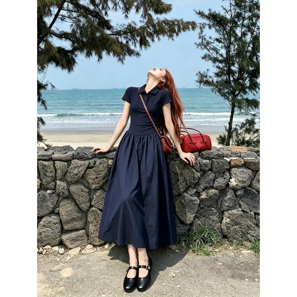 法式高级感短袖连衣裙女2026夏新款超好看收腰显瘦气质大摆长裙子