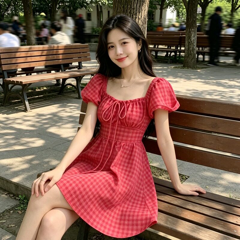 树莓色格子吊带连衣裙女夏季新款连衣裙