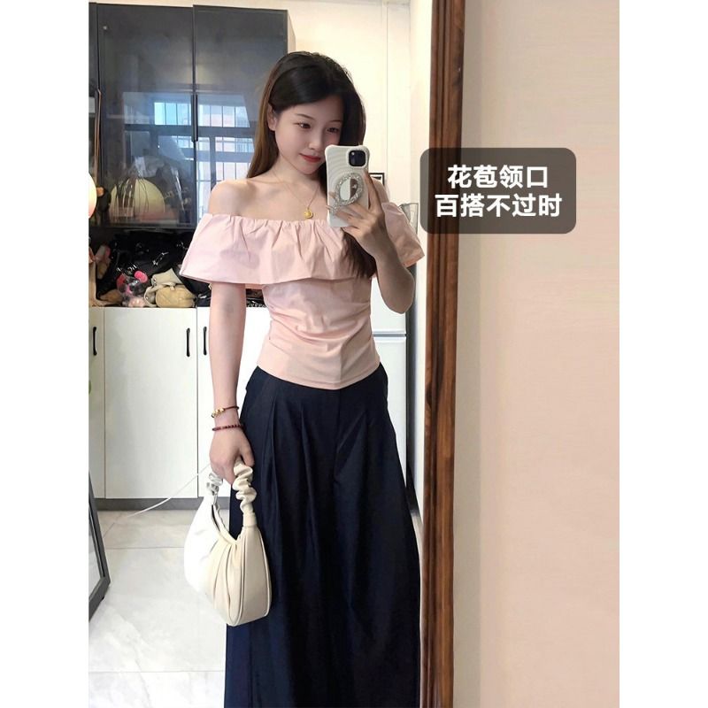 晨领原版40支粉色独特绝美露肩一字肩小上衣短袖女漂亮小衫