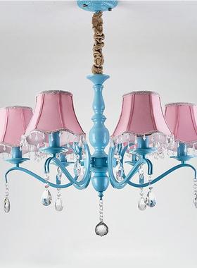 欧式艺水晶SX215吊铁灯温馨童房卧室灯蓝色儿公主女孩房间灯客厅