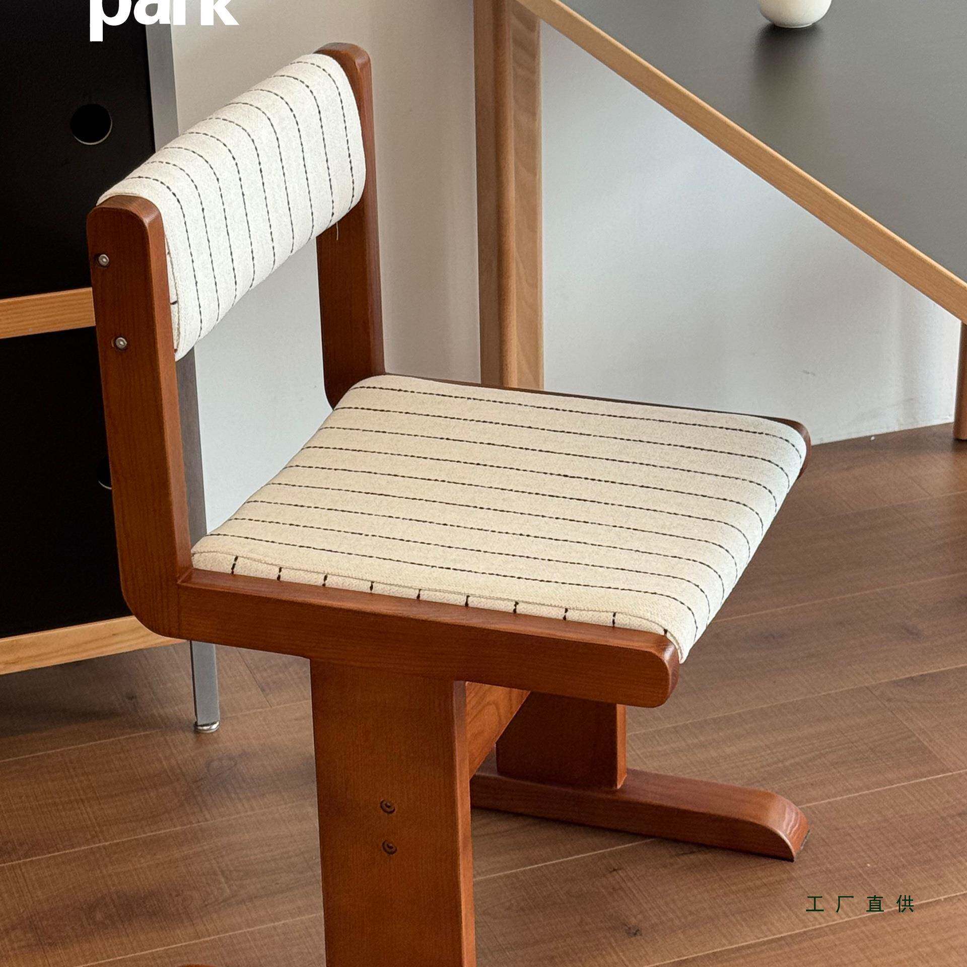 软中古实木餐椅家用计条纹靠风背餐桌椅设师书房法985式复古包单