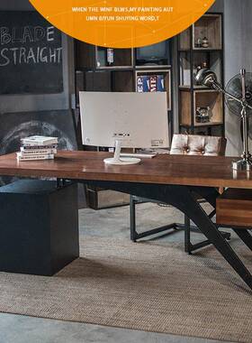 NSS美式复总裁室实木板桌工业个性办公桌L老OFT风带抽古屉铁艺电