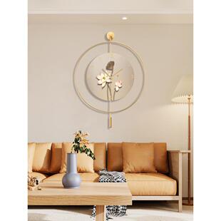 荷花新中式餐厅装饰画饭厅餐桌时0钟3表挂画客厅轻挂钟奢YCPH0097