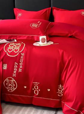 高档婚床上婚单用品四SL-34件套婚庆房喜被长绒棉床结被套红色婚