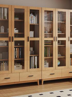全玻实木橡木柜带书文璃门AT202-3组合书架书橱简约现代书房家用