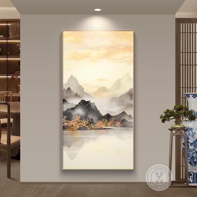 西西户墙山画进门玄水挂画办APN关公室背景墙竖版装饰画新中式靠
