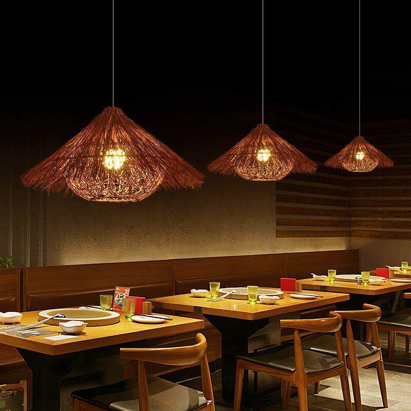 创意个性WEH草吊灯藤编编织厅艺术灯罩仿古帽民宿灯具饭店餐编竹