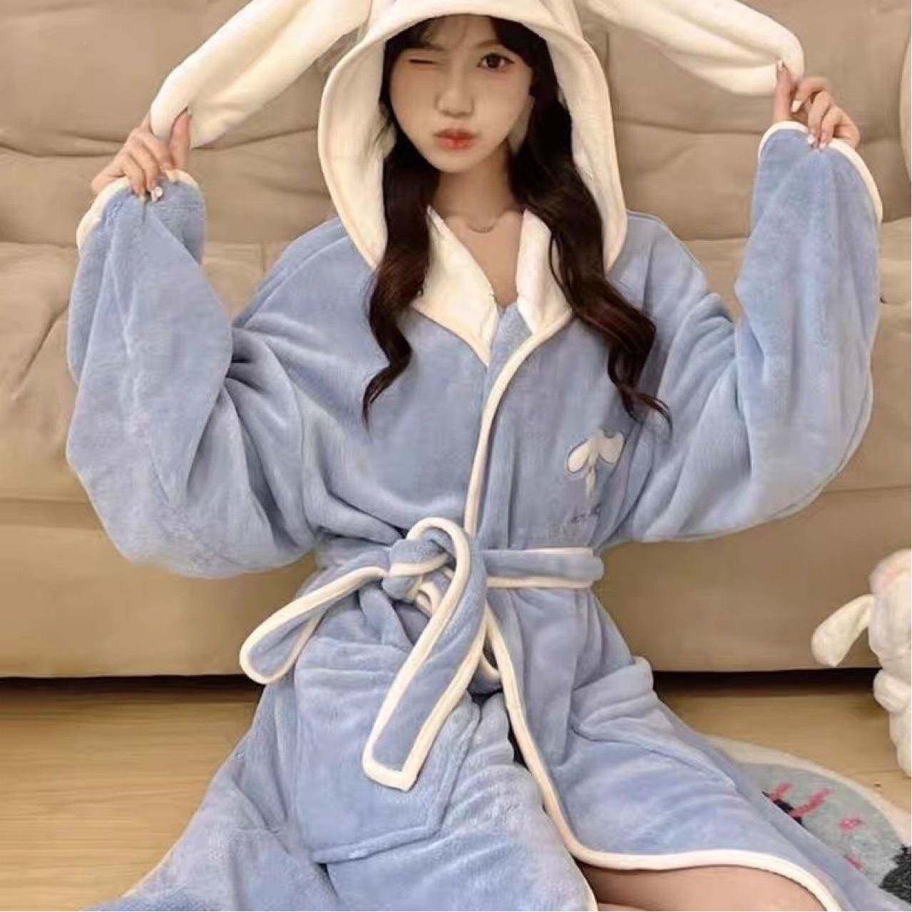 通连帽日系睡袍珊瑚绒27001服吸和水速干浴卡袍秋冬款女暖绒浴巾
