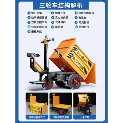 推工624程筑电动斗车手三车轮灰斗建工地骑兵翻斗小型搬运拉粪拉