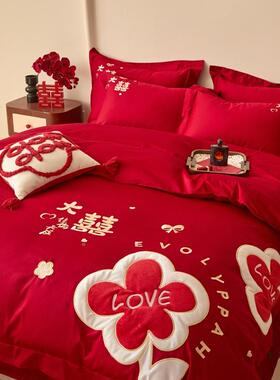 高套档式F98557TT结婚四件中套庆大红色刺绣棉质被床单陪嫁婚庆床