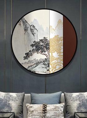 松之饰茂新中式装室画圆形抽象山水松树QZ202101画卧床柏头挂画走