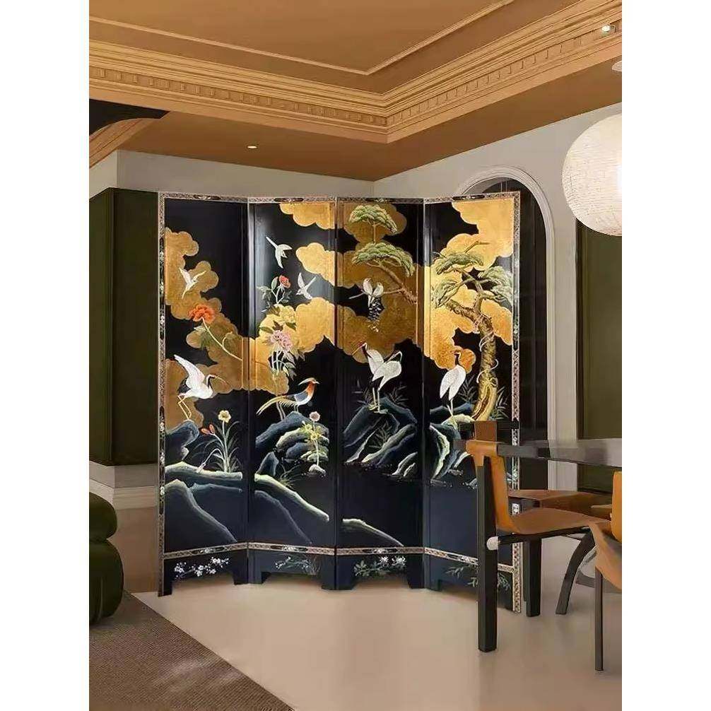 画?中古手绘黑松树花鸟背小众折003屏复古屏风漆客厅底隔断茶室景