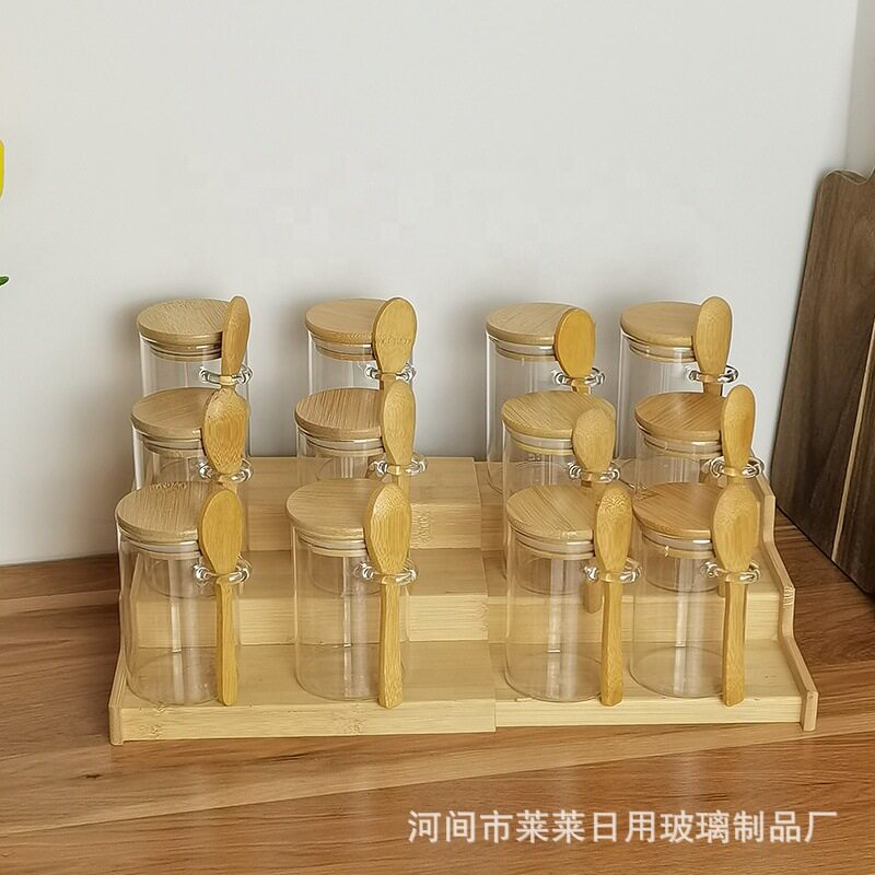 带勺调料罐阶梯底座套装简约风高硼硅玻璃罐带竹盖圆形调料瓶组合