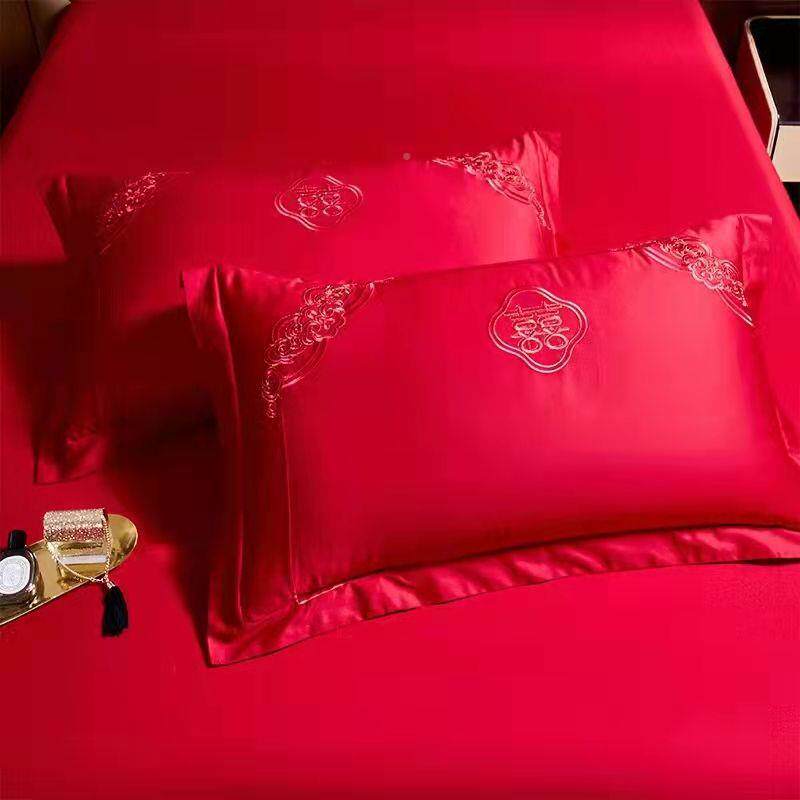 新款纯棉头枕套一YFO对装结喜庆红大色中式刺婚绣枕套喜字全棉枕