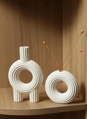 创意现代简约白色条纹陶瓷花瓶摆件客厅干花插花桌面软装饰品