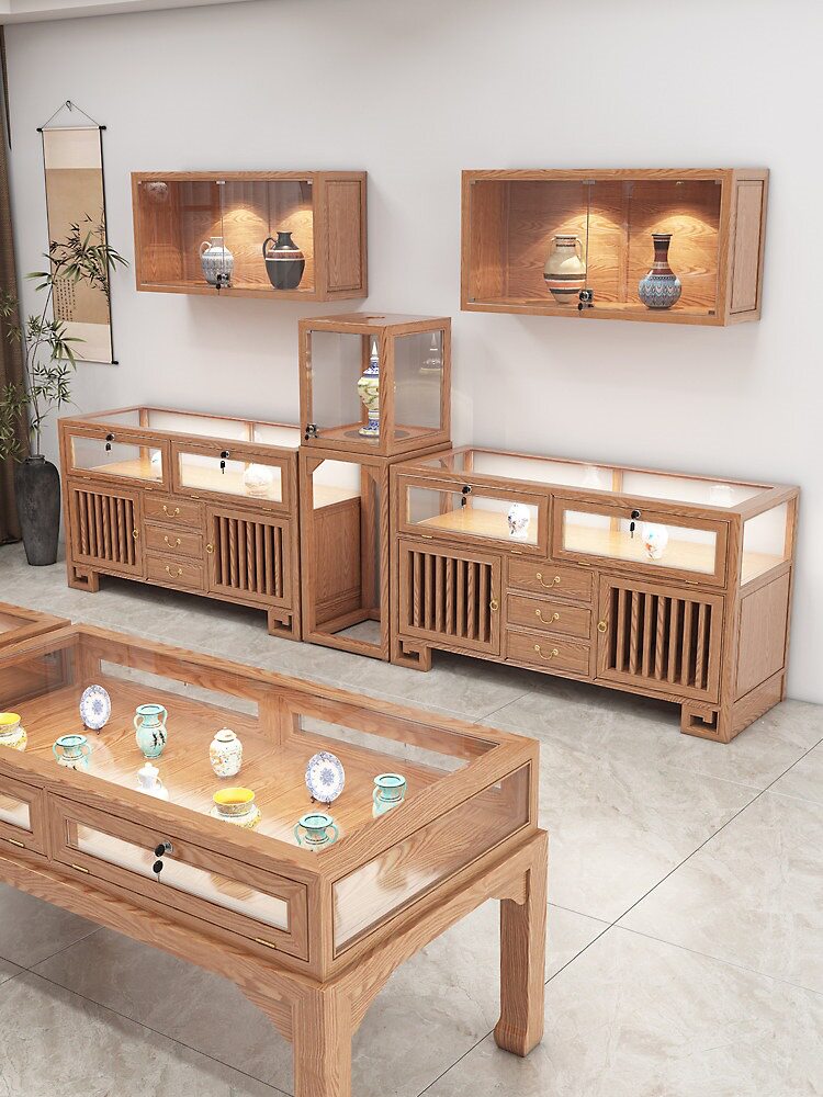 实木新中式珠宝展示柜首饰玉器饰品柜台原木风玻璃柜子展柜陈列柜