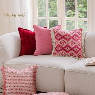 轻奢粉红复古感抱枕套少女靠风垫发靠枕民宿FS759483样沙板aω