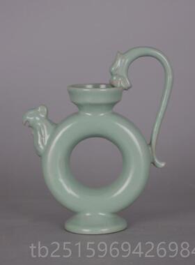 高档宋 货汝窑青釉钉龙柄鸡口壶 仿执宋代旧家居古玩古董收藏摆件