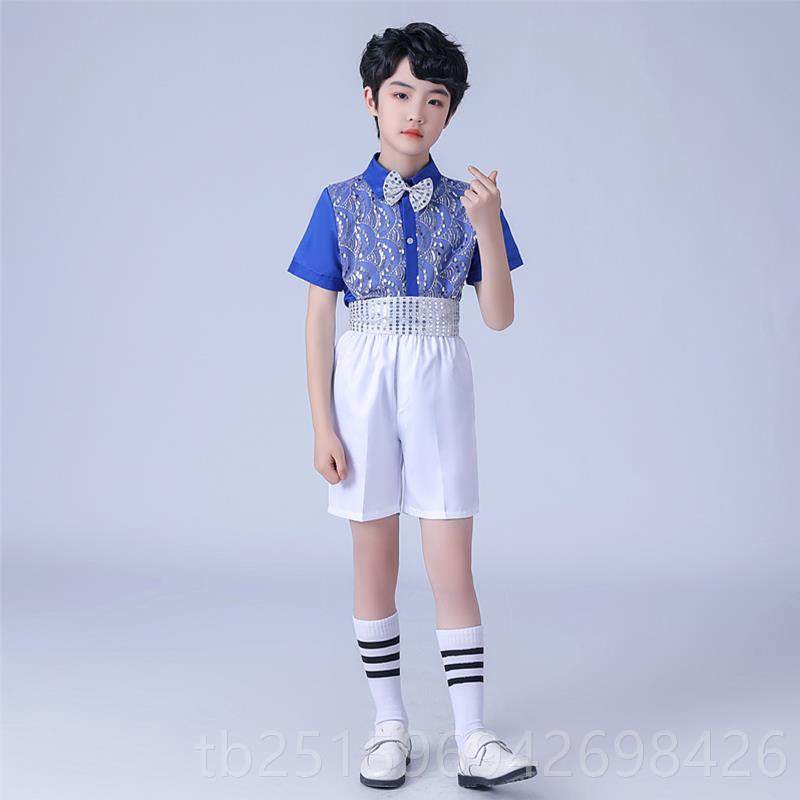 高档十一童合唱演服夏男儿中小学生孩亮片舞蹈幼儿园背带裤表演出