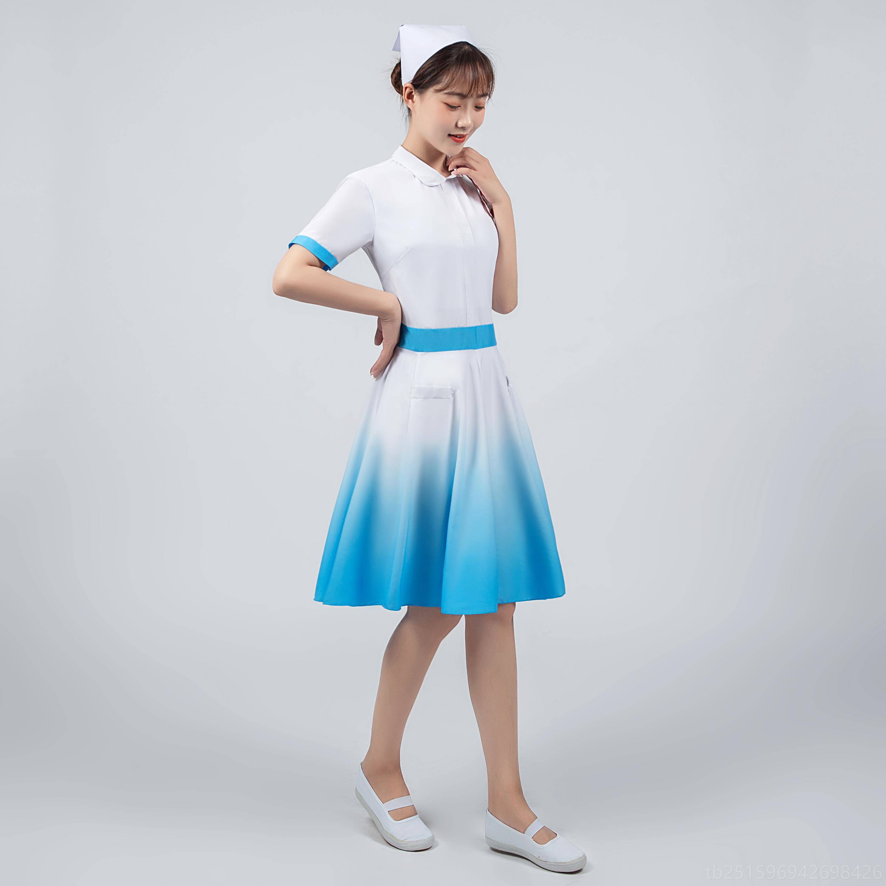 高档医护士舞蹈演服出身女袖弹力修连衣裙红十字短白衣天使舞台表图片