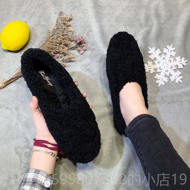 正品羊羔平毛加绒白色网红毛毛鞋女冬外穿脚一蹬底鞋大码女鞋棉41