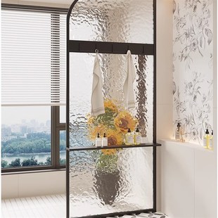 奶油风铝合金卫生间水波纹玻璃屏风干湿分离淋浴区隔断现代简约