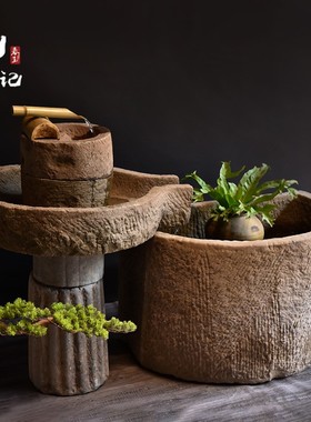 长嘴磨盘石槽流水摆件组合庭院花园水景老石磨荷花景观旧石头鱼缸