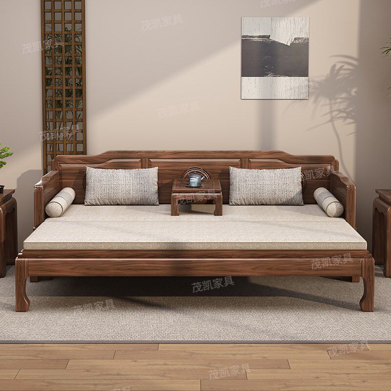 南美胡桃木新中式全实木伸缩推拉罗汉床折叠两用多功能古典沙发床