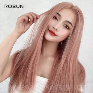 正品假发季女的夏长直发中间部分没刘海烟熏粉玫瑰金时尚妇高温丝