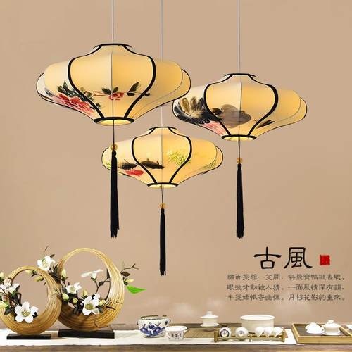 现代新中式茶楼过道创意布艺灯笼艺术走廊吊灯酒店玄关手绘画灯具