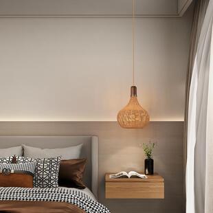 新中式床头吊灯木纹色小吊灯可升降卧室吊灯床头灯电视墙吊线灯