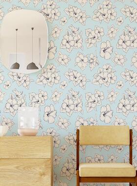 YHB024蓝色背景简约花朵家居装饰卧室客厅背景墙翻新自粘墙布壁纸