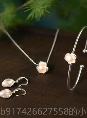 新款s925纯银手镯女银子珍珠镯芙蓉花清手新简系约森细款复古风新