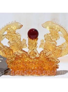 新款琉璃摆件电双龙戏珠客厅玄关视柜家居装饰设定制礼物晶摆工艺