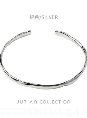 高档JUTIAN冷淡风金S9色2镯5纯银手女简约规不则凹凸面个性银手环