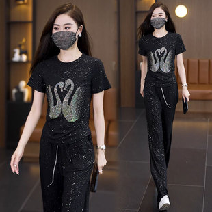 减龄洋气显瘦刺绣上衣休闲裤 重工烫钻时尚 新款 女夏季 子两件套 套装