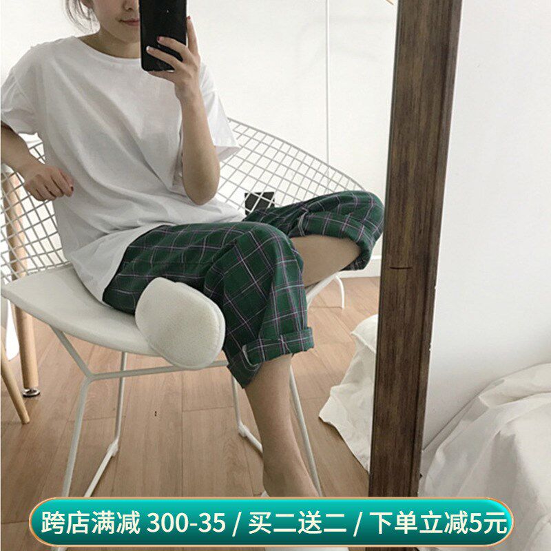 韩版睡衣女夏季纯棉休闲短袖情侣家居服男款女学生新款格子裤套装