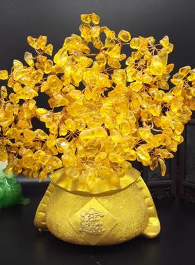 黄水晶摇钱树摆件小招财树家居创意酒柜家装饰品客厅电视柜发财树
