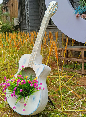 阳台花园户外装饰创意店门口布置吉他花盆复古做旧琴园艺景观摆件