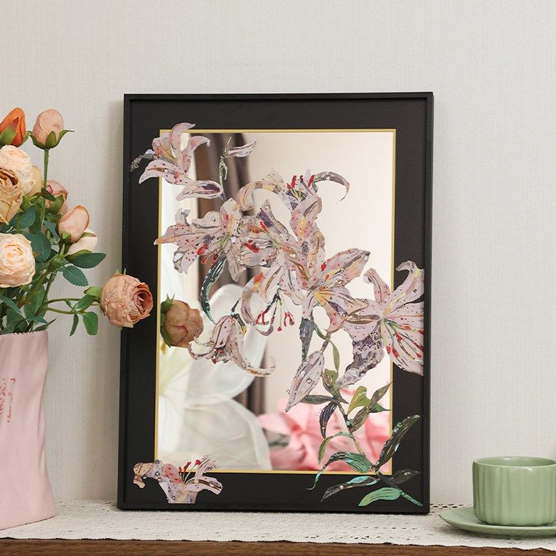 新中式百合花卉镜子画客厅装饰抽象高级感油画彩色中古玄关装饰画,家居饰品,镜面画,淘宝优惠券,粉丝福利购,淘宝优惠卷