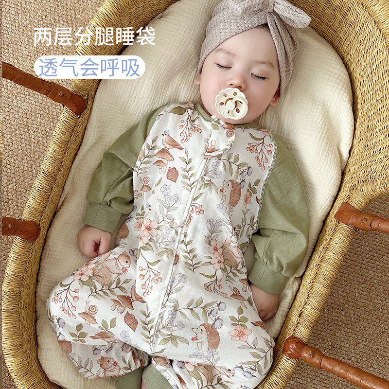 婴儿睡袋夏季薄款双层长袖竹棉纱布宝宝连体衣空调房儿童防踢被