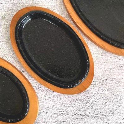 韩式铸铁搪瓷铁板椭圆搪瓷涂层木垫子铁板韩式料理铁板盘,厨房/烹饪用具,烧烤盘,淘宝优惠券,粉丝福利购,淘宝优惠卷