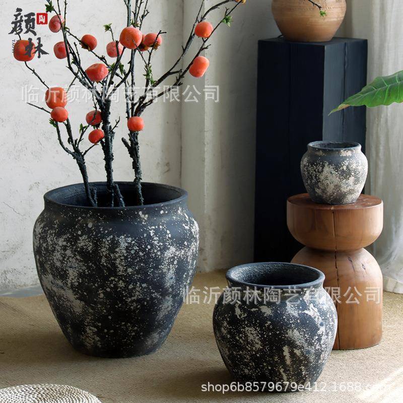 复古水泥大肚陶罐花园庭院绿植大花盆简约百搭商场酒店装饰摆件造