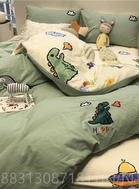 正品A版床水洗棉刺B版纯棉斜纹ins绿色喷绣火小恐四龙龙上件套全