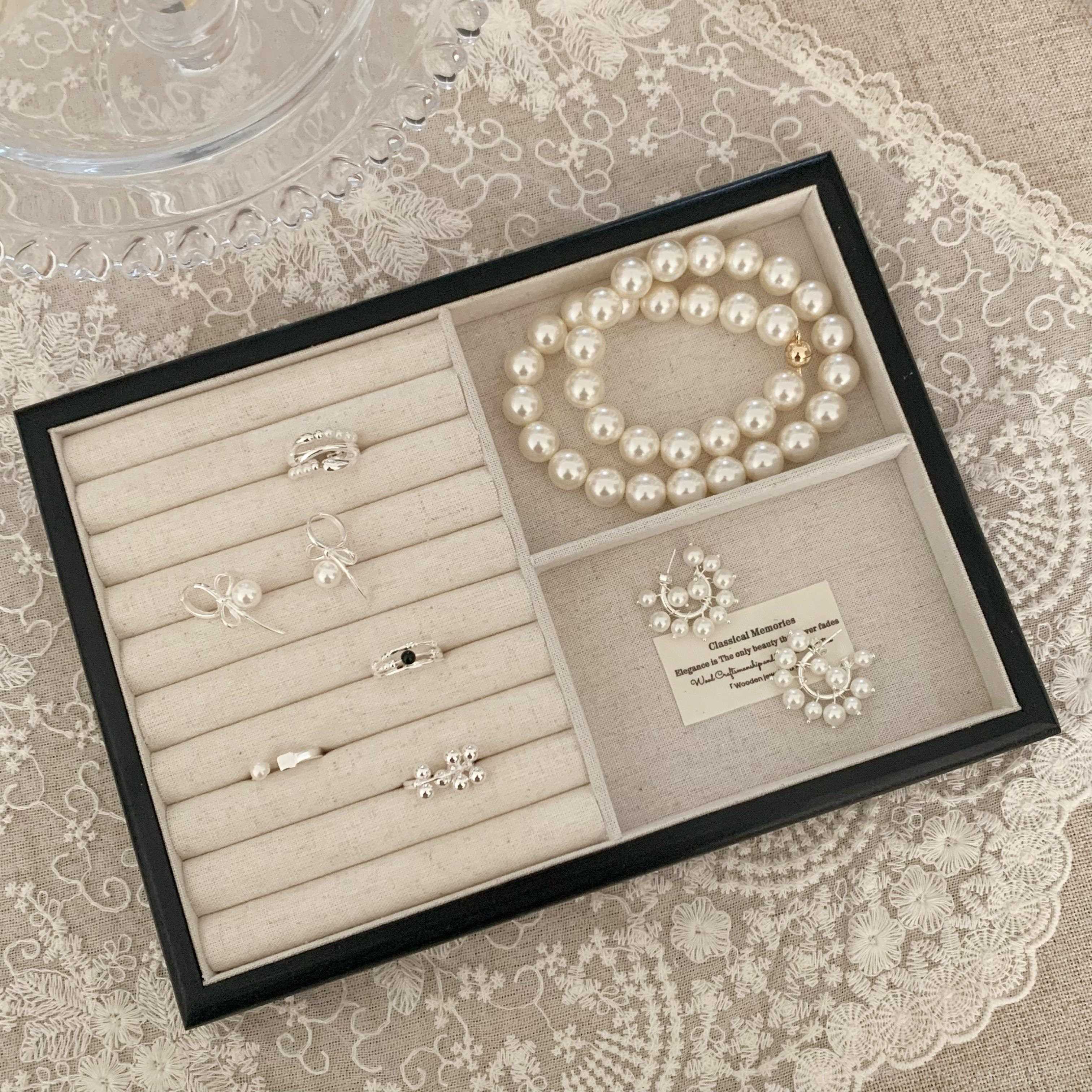 高档法式黑色实 木托盒 托盘珍珠项炼 炼 展示盘麻布内衬耳戒指收