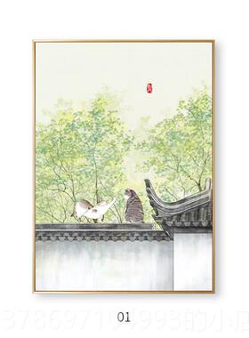 新款日式简约装饰画猫咪卧意室景中国风客厅现代墙画创树背家庭挂